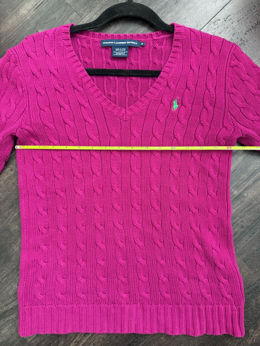 Ralph Lauren Fuchsia Cable-Knit V-Neck Sweater Green Pony - Picture 7 of 7